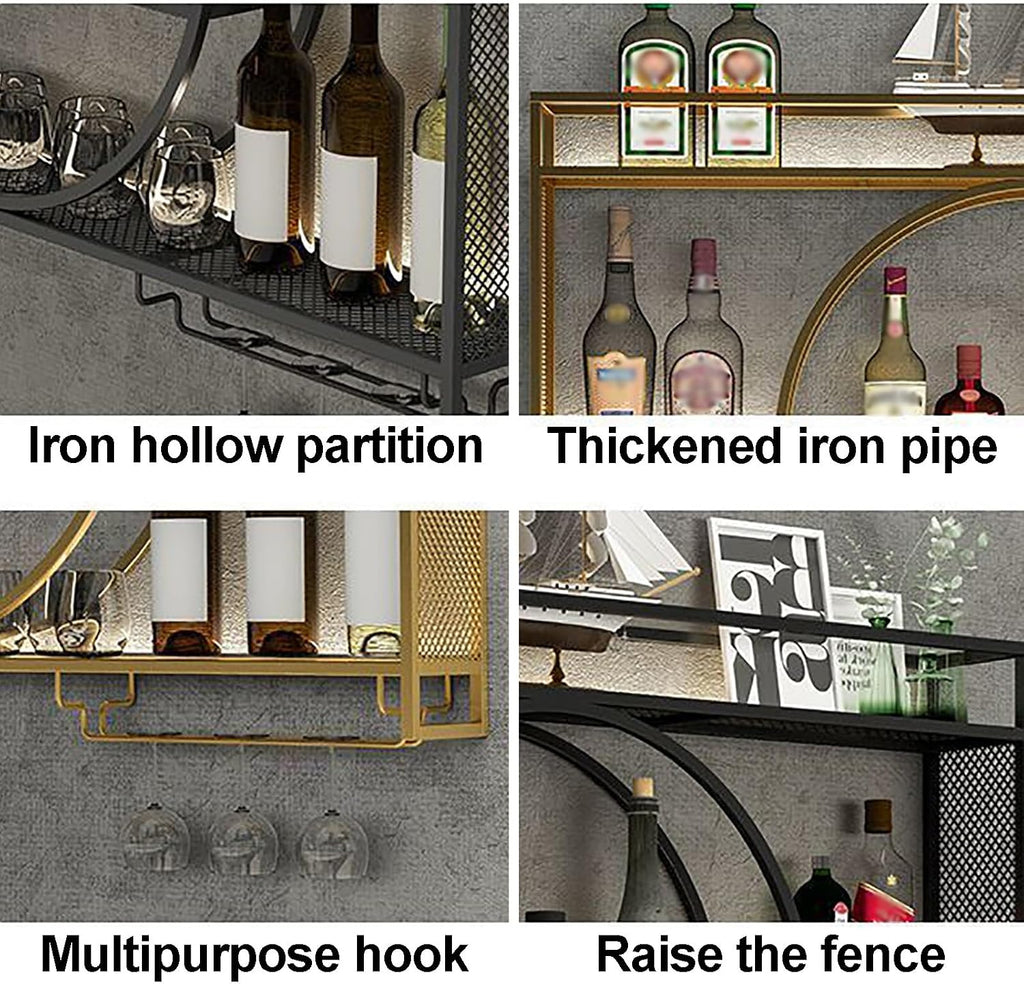 Wine Rack Wall Mounted 3 Tier Metal Floating Shelves With LED Light, Hanging Floating Bar Liquor Bottles, For Home Bars Kitchen (Black, 100x80x15cm)