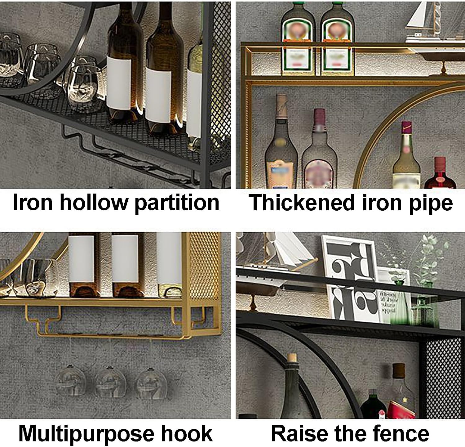Wine Rack Wall Mounted 3 Tier Metal Floating Shelves With LED Light, Hanging Floating Bar Liquor Bottles, For Home Bars Kitchen (Black, 100x80x15cm)