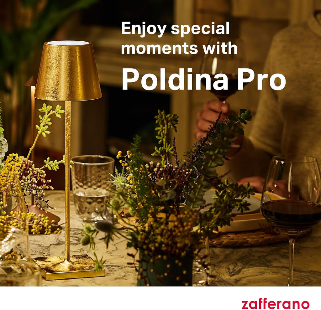 Zafferano, Poldina Pro Lamp with Gold Leaf, Rechargeable Cordless Table Lamp with Touch Controls, Usable as an Indoor Lamp, Dimmer, 2200-3000 K, Height 14.9 Inches