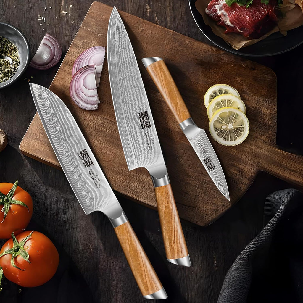 HOSHANHO Damascus Kitchen Knife Set 3-Piece, Ultra Sharp 8' Chef Knife, 7' Santoku Knife, 3.75' Paring Knife, Professional 10Cr15CoMoV Damascus Super Steel Chef Knife Set with Ergonomic Handle