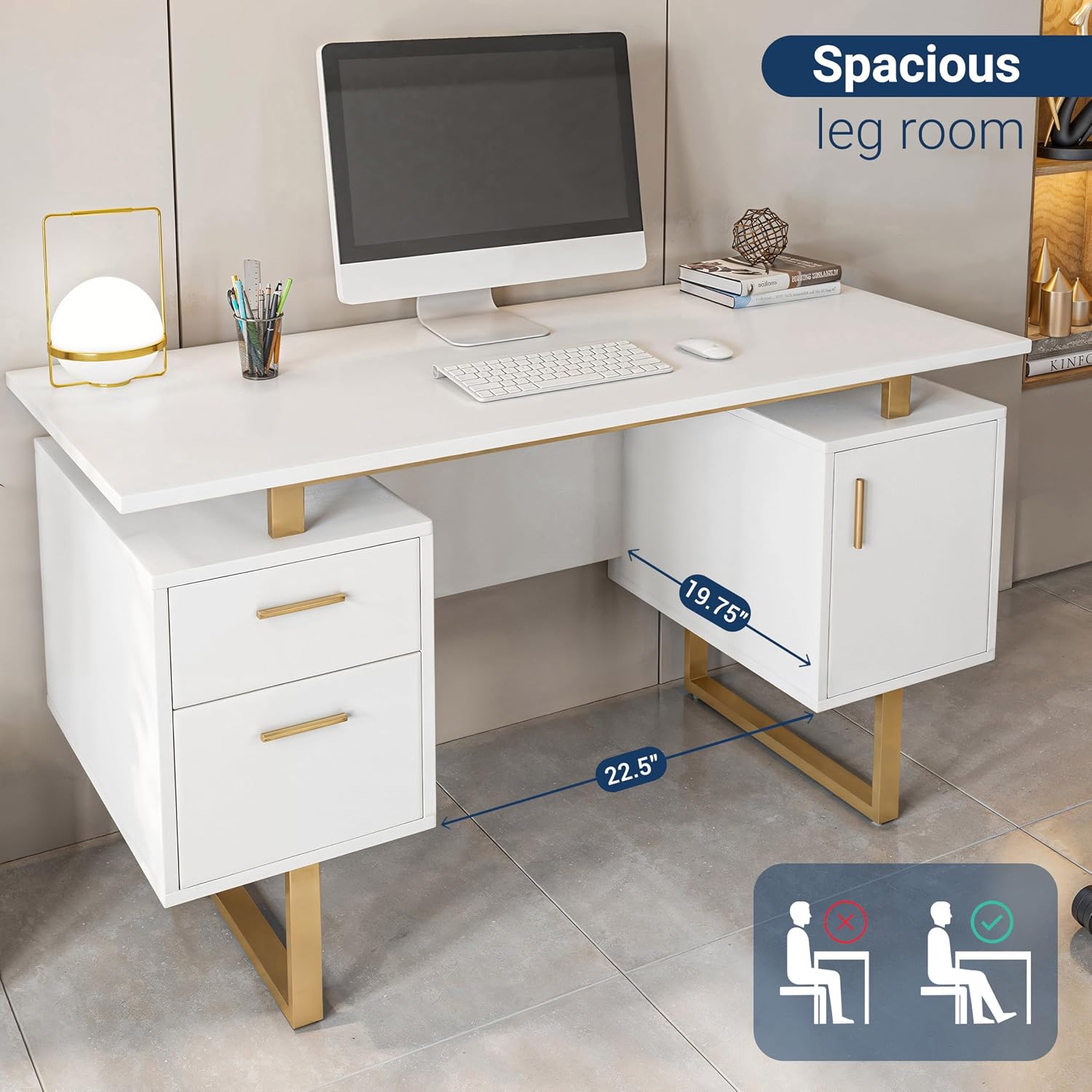 Techni Mobili Storage Drawers and Cabinet 51.25' W-Modern Office Large Floating Desktop Surface Desk, 23.6' D x 51.2' W x 29.8' H, White/Gold