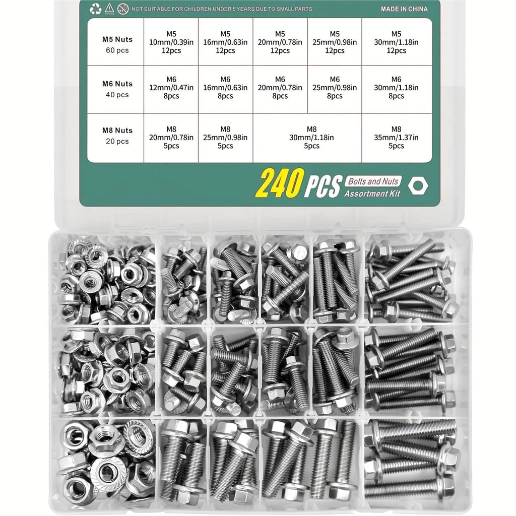 Set Screw Assortment Kit 240PCS 304 Stainless Steel Metric Flanged Bolts and Nuts Kit for Homeowners,DIYers,Mechanics,Industrial Workers