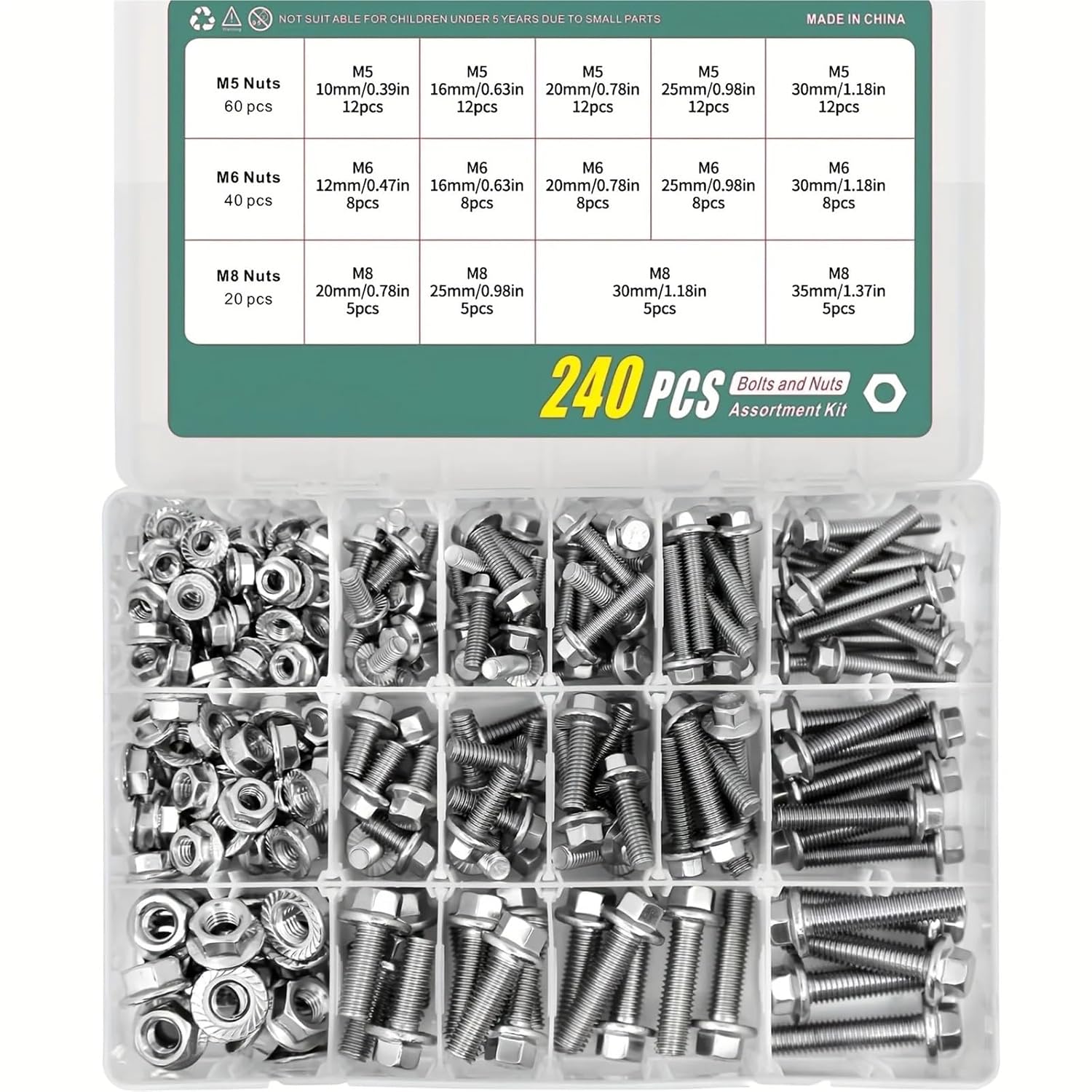 Set Screw Assortment Kit 240PCS 304 Stainless Steel Metric Flanged Bolts and Nuts Kit for Homeowners,DIYers,Mechanics,Industrial Workers