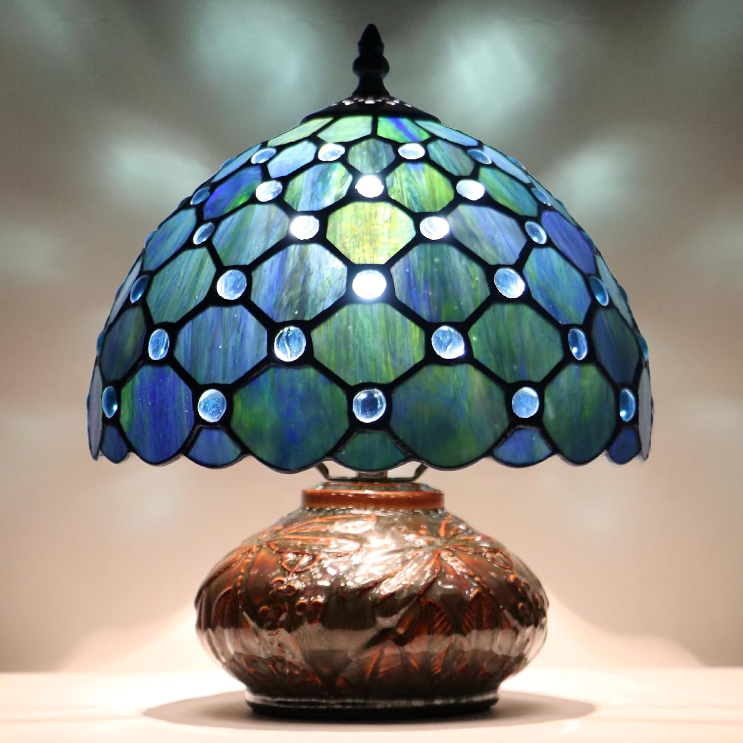 Small Tiffany Table Lamp, 10X10X11 Inch Mini Stained Glass Mushroom Desk Light Memory Sympathy Ceramic lamp (Sea Blue Pearl Style)