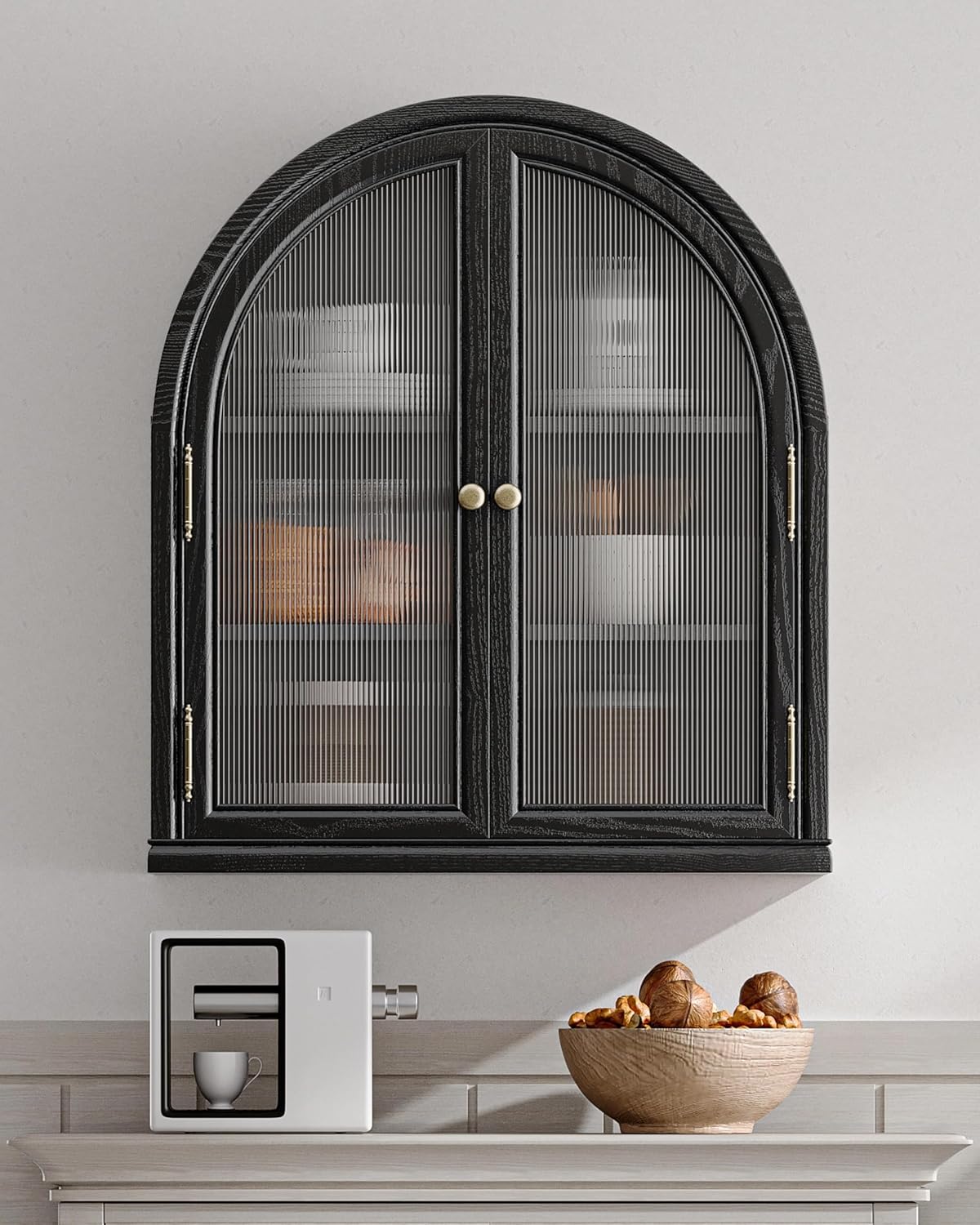 Chogori Solid Wood Arched Bathroom Wall Cabinet, 27x24x9 Inch Over The Toilet Storage Cabinet with Acrylic Doors & 3 Adjustable Shelves, Wall Mounted Cabinet for Bathroom, Kitchen, Laundry Room, Black