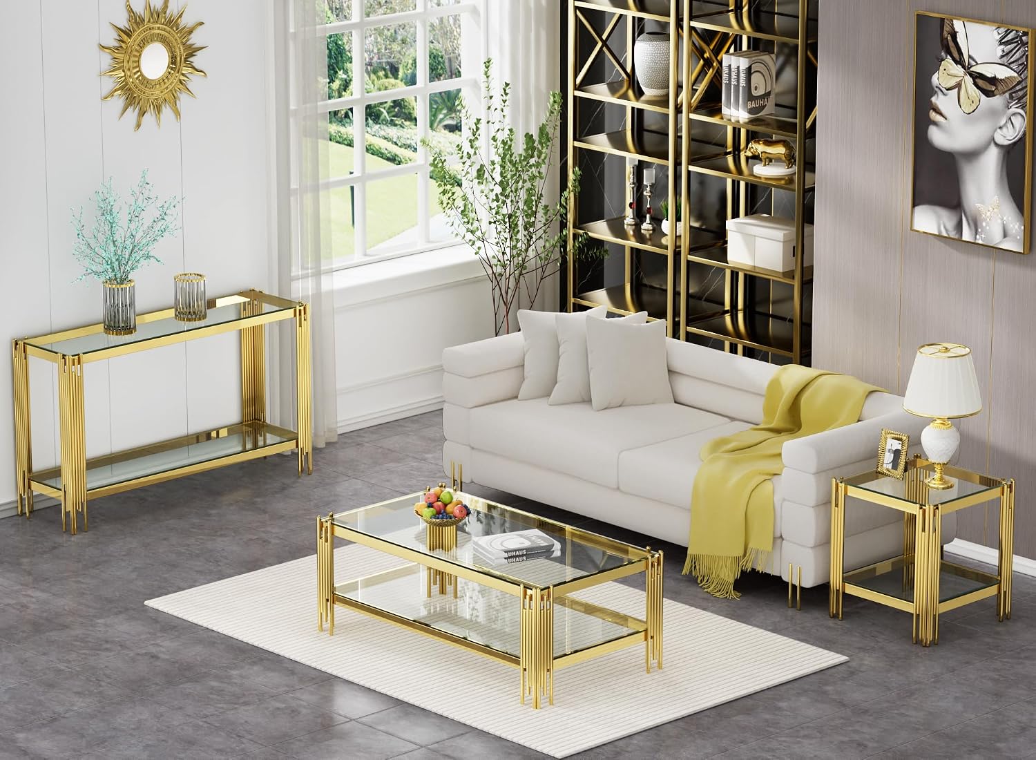 55' Glass Gold Console Table Luxury 2-Tier Sofa Table for Living Room, Rectangular Modern Entryway Hall Table with Clear Glass Top & Golden Stainless Steel Legs