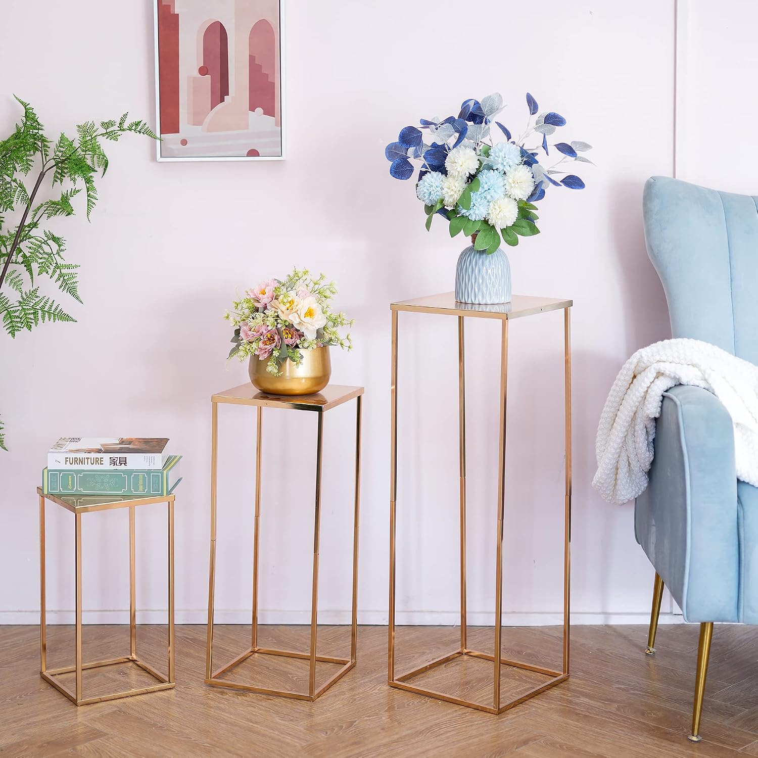 Gold Stand Wedding Centerpieces for Tables - 15.75in Tall Vases for Centerpieces, 10 Pcs Metal Column Flower Stand, Rectangular Flower Display Rack, Wedding Decorations for Table, Party, Event, Home