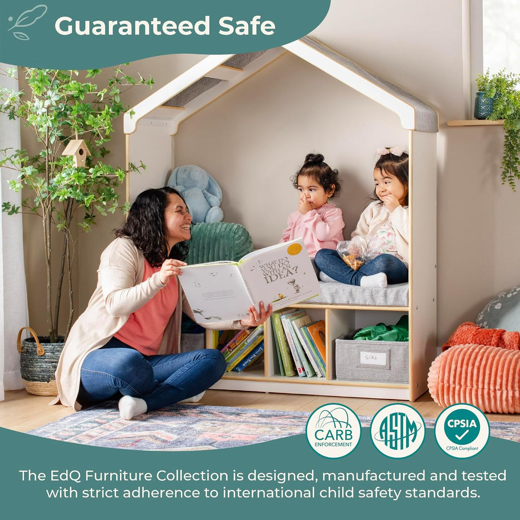 Guidecraft EdQ Kids' Reading Nook - White: Wooden Reading Bench Bookshelf Organizer with Storage Cubbies and Bins for Books | Classroom and Playroom Furniture