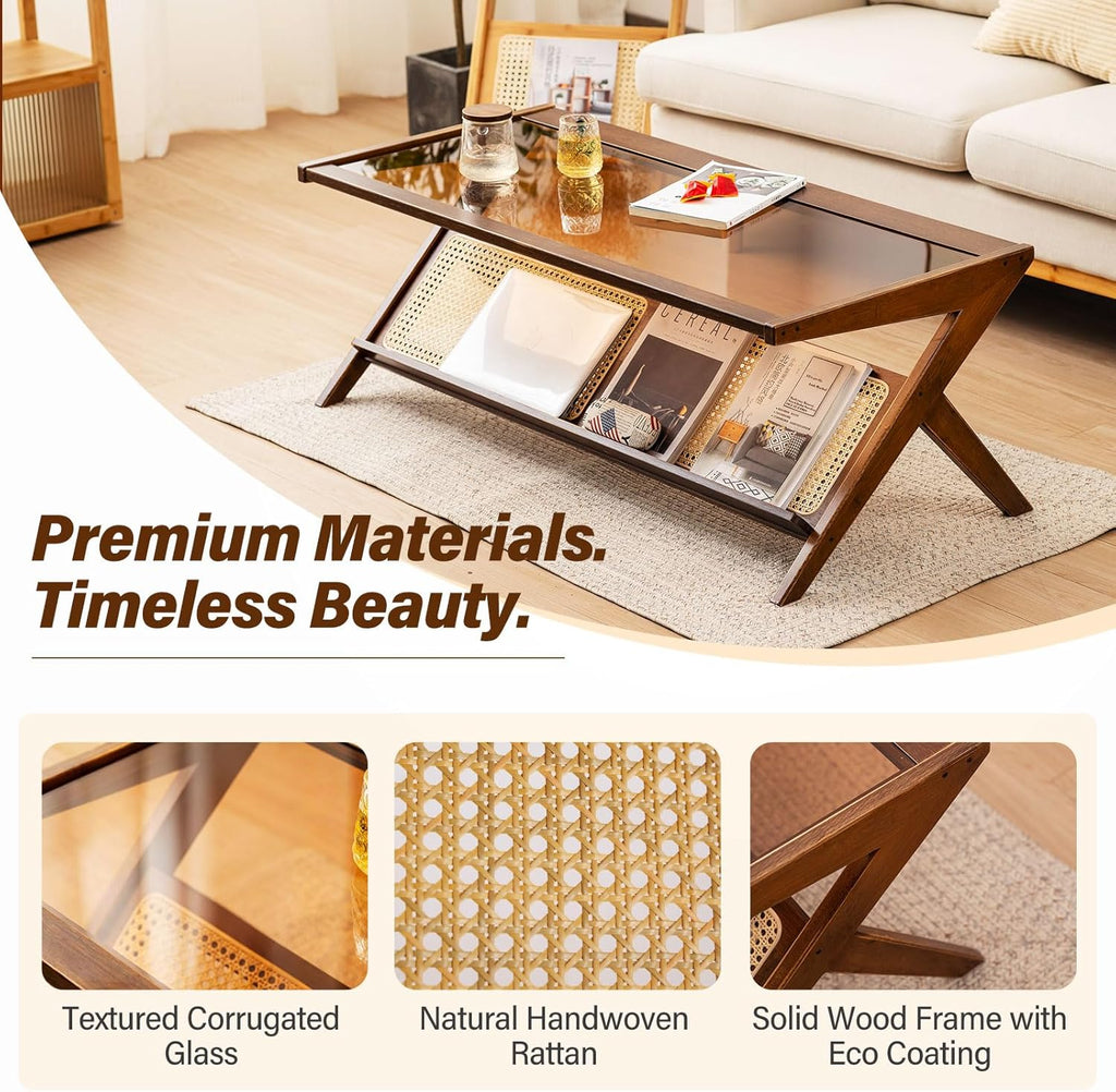 Tiita Rattan Coffee Table, Bamboo Accent Bedside Tables, Glass Nightstand Side Table, Boho Wooden End Table with Storage for Living Room,Living Room, Dining Room, Tea, Home Décor