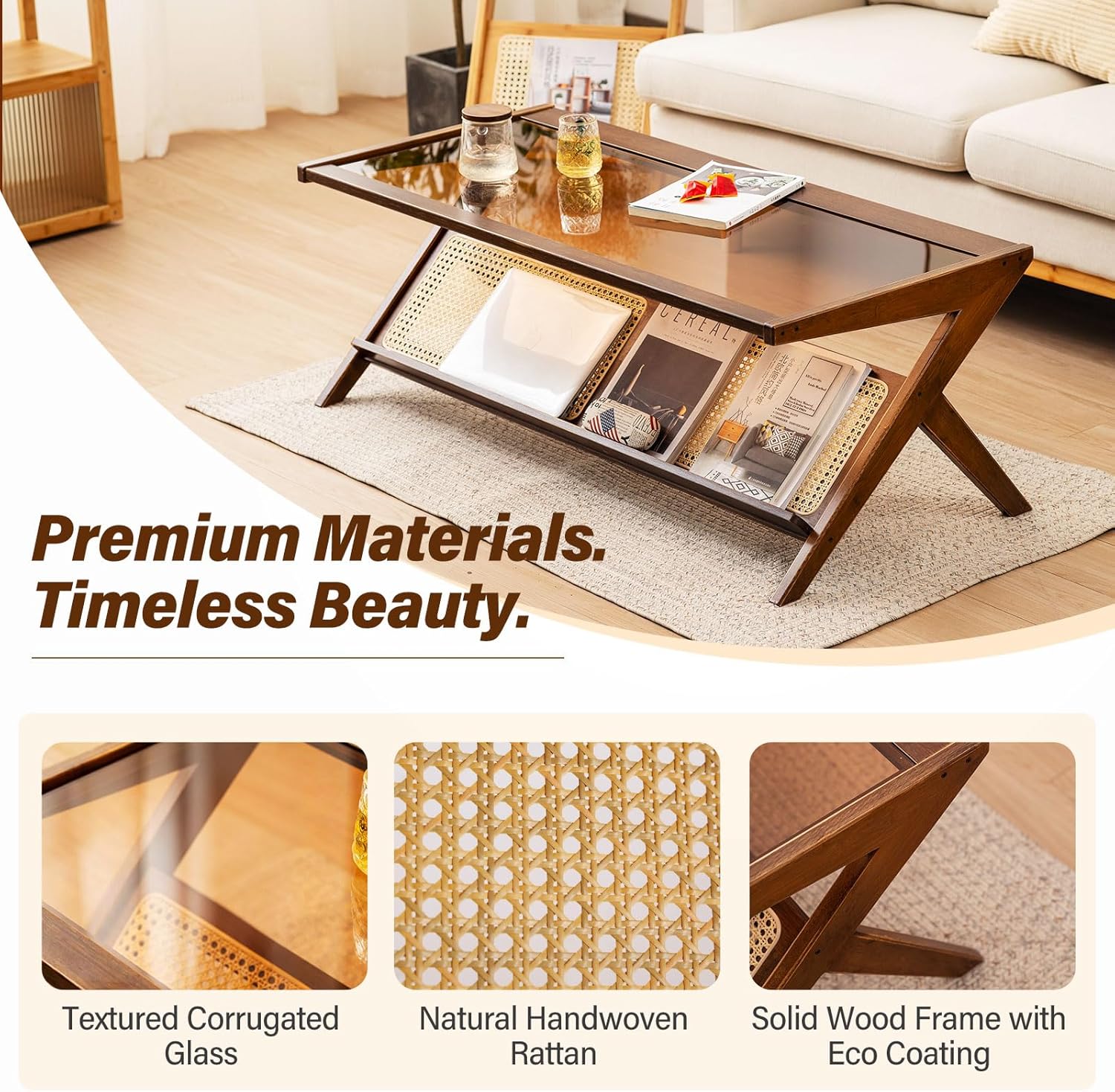 Tiita Rattan Coffee Table, Bamboo Accent Bedside Tables, Glass Nightstand Side Table, Boho Wooden End Table with Storage for Living Room,Living Room, Dining Room, Tea, Home Décor