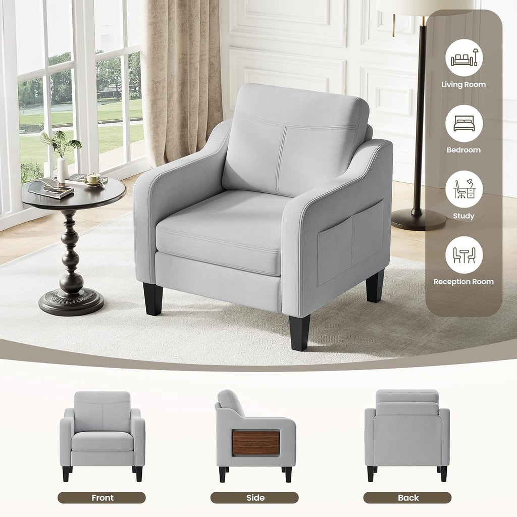 Accent Chair for Living Room Modern Linen Upholstered Armchair Side Wooden Fabric Sofa Chair with Foldable Table 2 Side Pockets Comfy Reading Chair for Bedroom