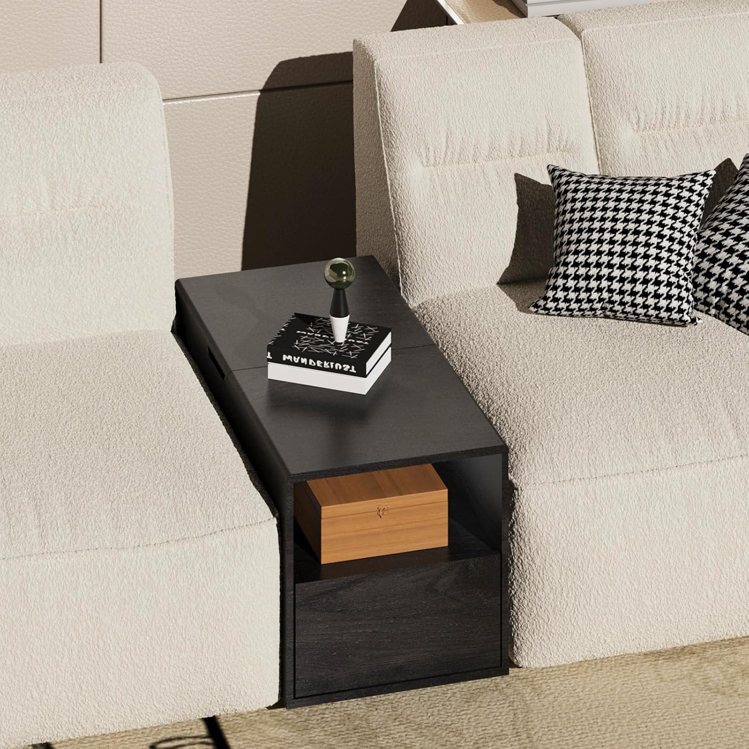 Rresyet Narrow Height Adjustable End Table for Couch with Storage, Drawer & Open Shelf, 15.8' Modern Side Table for Modular Sectional Sofa, for Living Room, Bedroom, Office (1, Black)