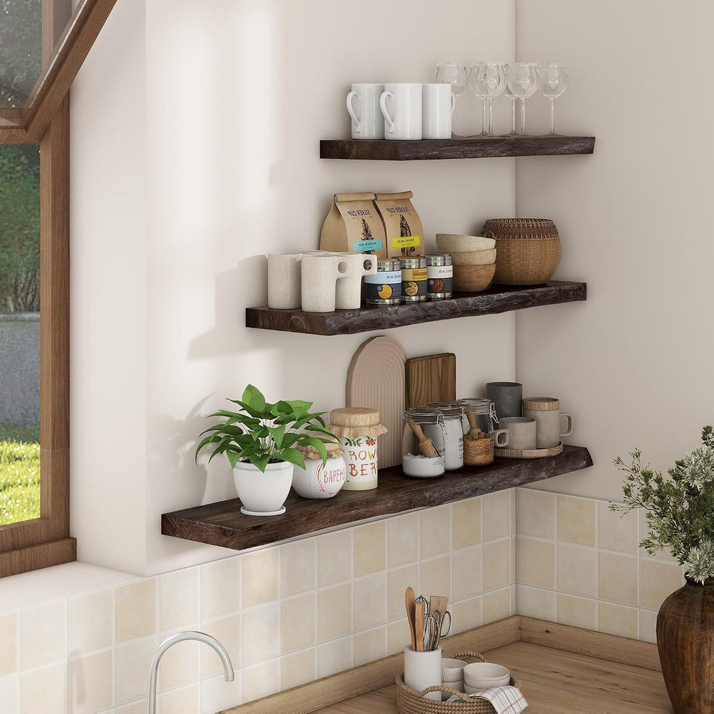 Axeman 55 inch Floating Shelves for Wall - 8'' D Live Edge Rustic Solid Elm Wood Floating Shelves Wall Mounted, Hanging Shelves with Invisible Bracket for Living Room Bedroom Kitchen, Walnut