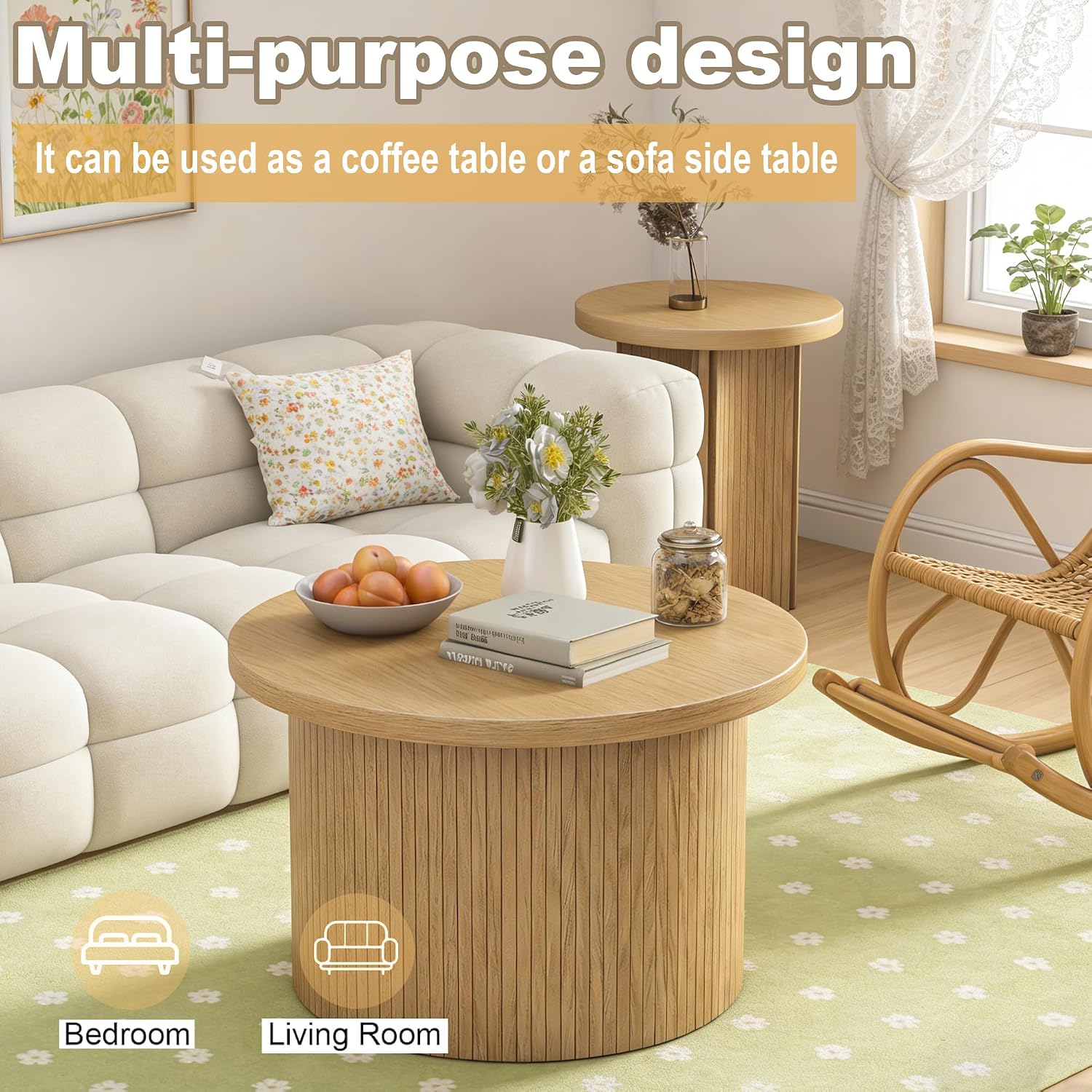 Mxtxmy Round Nesting Coffee Table Set of 2,Coffee Tables for Living Room,Round Coffee Tables with Wood Finish,Stackable Coffee Table Set,Rustic Sofa Side Table,Living Room Bedroom (Large Size)