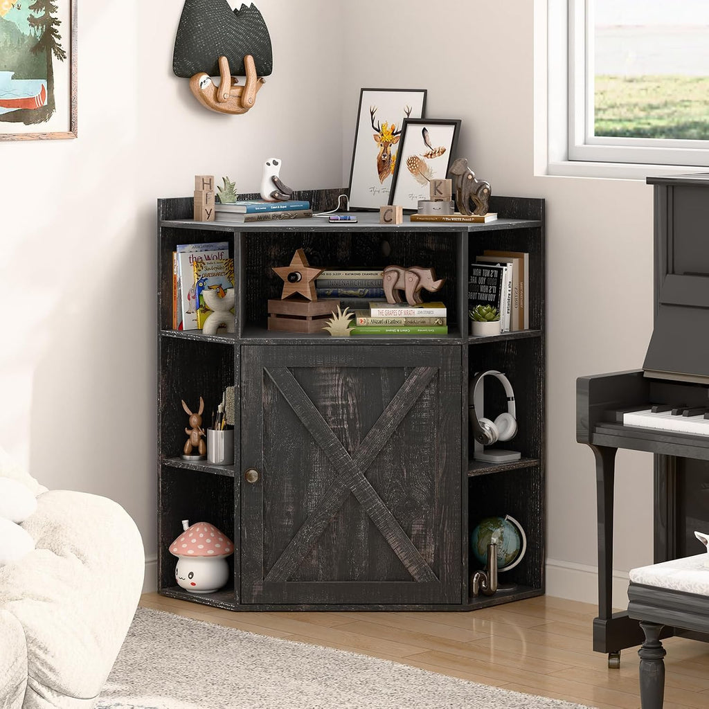 Halitaa Corner Storage Cabinet, Farmhouse Corner Bookshelf with Storage 6-Cubby Wooden Cabinet with USB Ports and Outlets Industrial Organizer for Small Space, Study, Playroom, Living Room