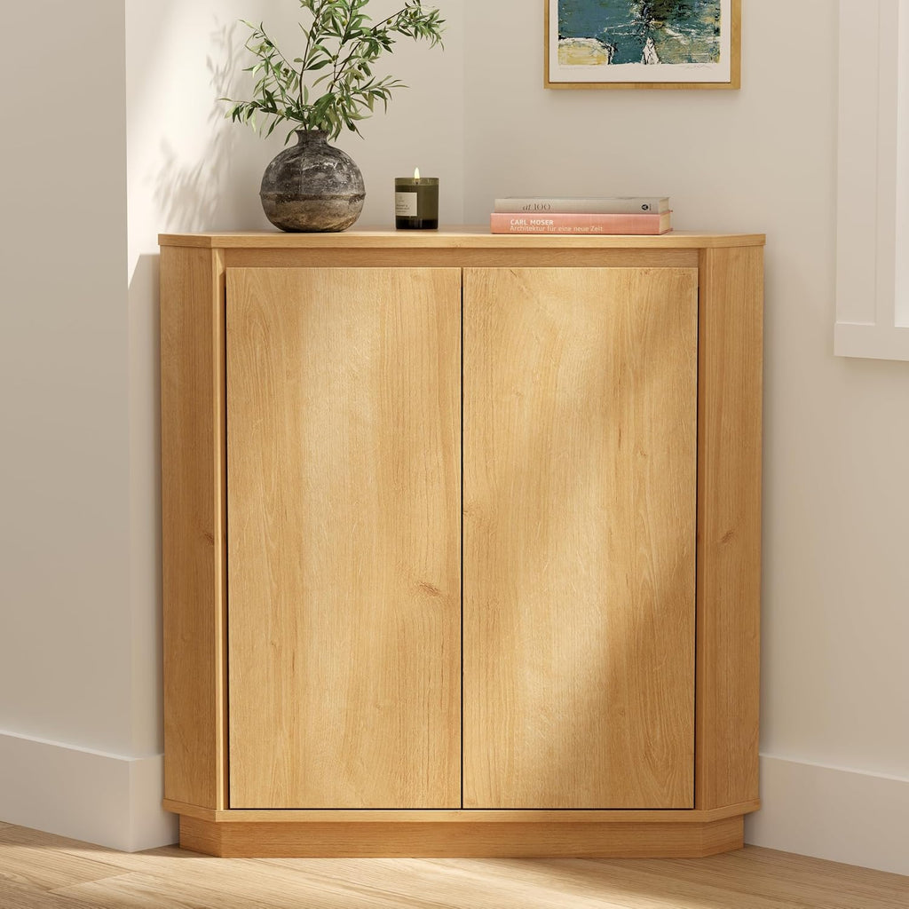 EYYTHUNG Corner Cabinet, Modern Handless Corner Floor Cabinet with 2 Doors and 2-Tier Shelves, Freestanding Narrow Organizer for Living Room Kitchen Bathroom, Natural Oak