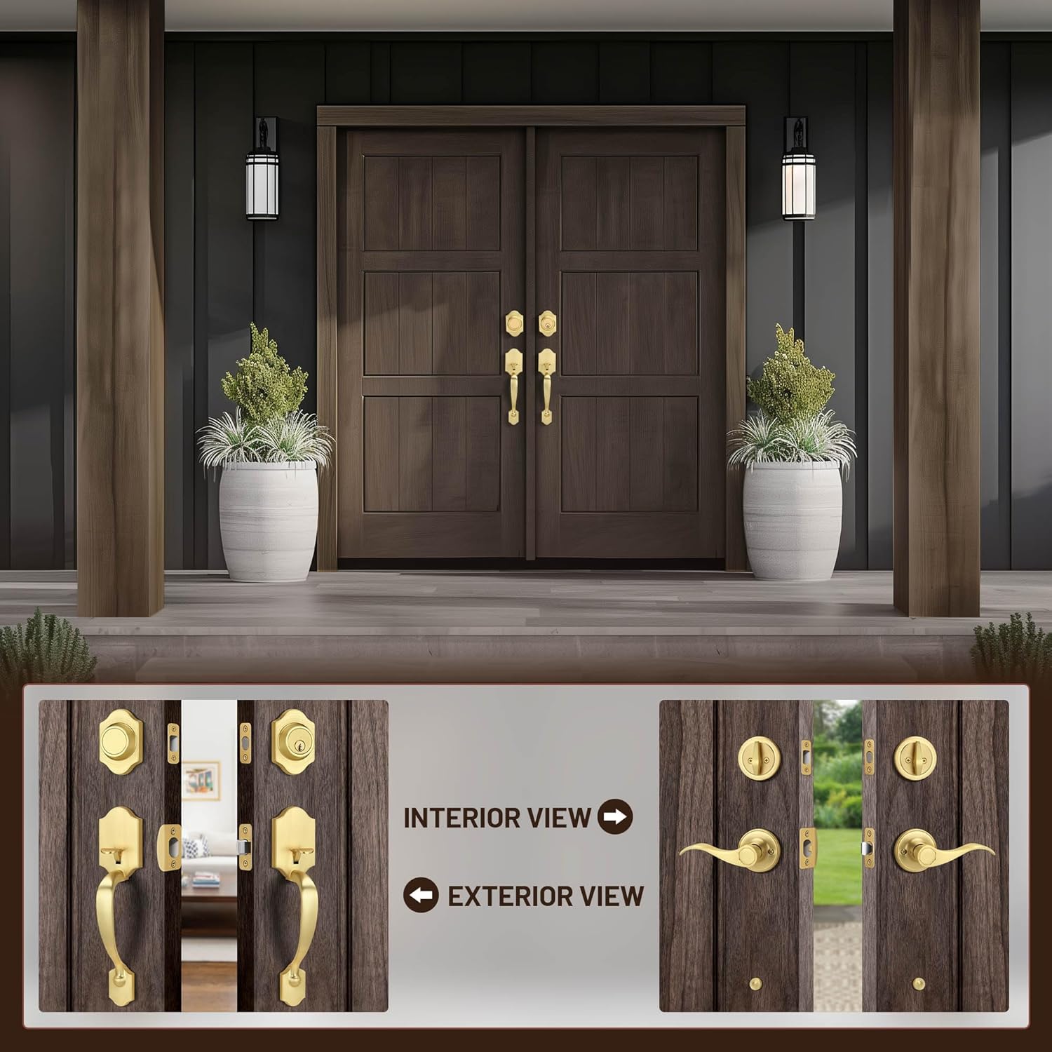Double Front Door Handle Set with Dummy and Deadbolt, Brushed Gold Entry Front Door Lock Set with Gold Classic Half Grip Curved Door Handle for Exterior Doors or Office, Satin Brass