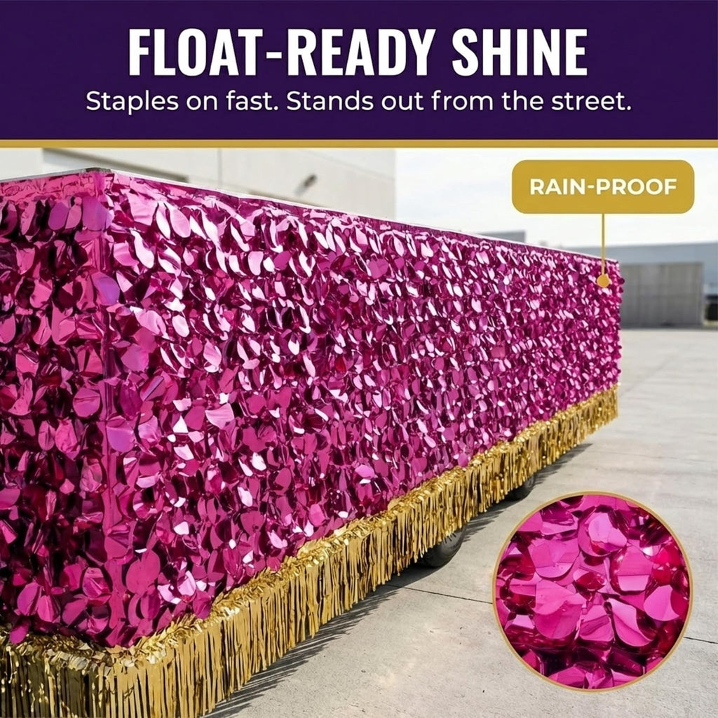 Anderson's Cerise Pink Metallic Floral Sheeting, 30 Ft. Parade Float Decoration for Trailers, Parties, Weddings, Proms, Photo Backdrops & Events – Shiny Fringe Garland for Indoor/Outdoor Use