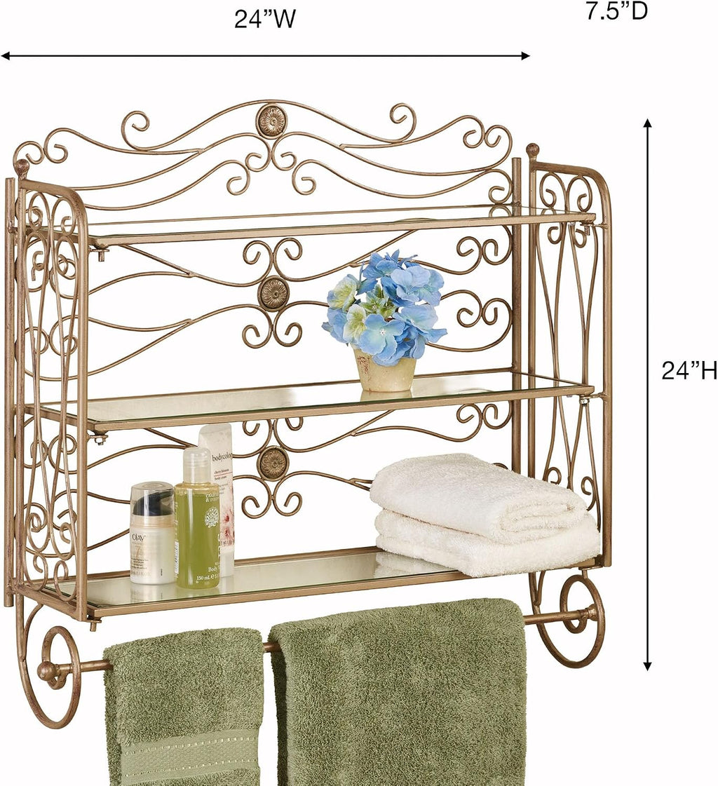 Touch of Class Kadalynn Wall Shelf with Towel Bar - Satin Gold - Handcrafted Metal - Decorative Storage - Mounted Rack Organizer for Bathroom - 3 Shelves - 24 Inches High