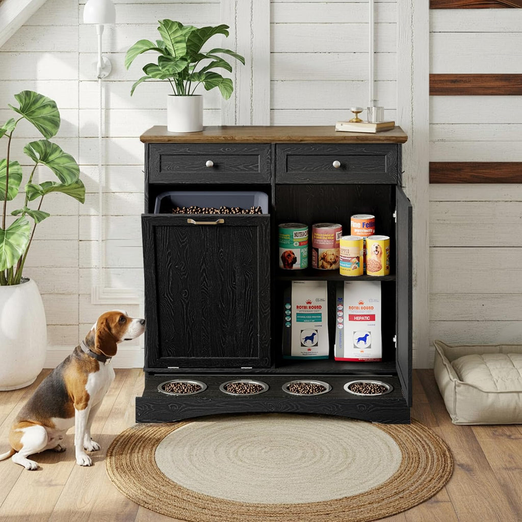 Double Door Dog Feeding Station with Storage, 10 Gallons Tilt Out Trash Can Cabinet, Dog Food Cabinet with 4 pcs Dog Bowl for Kitchen/Living Room (Black, Double Door)