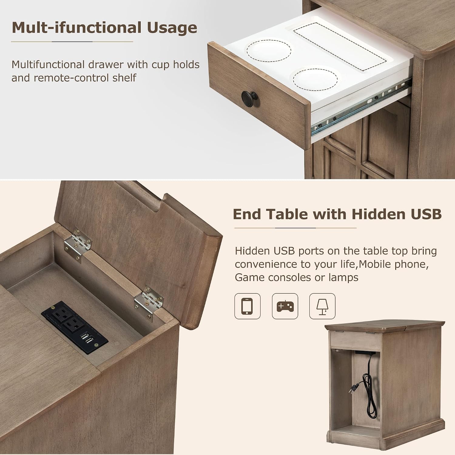 Multifunctional Classic Vintage End Table with USB Ports and 1 Drawer with Cup Holders, Sofa Side Table Bedside Nightstand Narrow Table for Living Room Bedroom (Antique Brown)