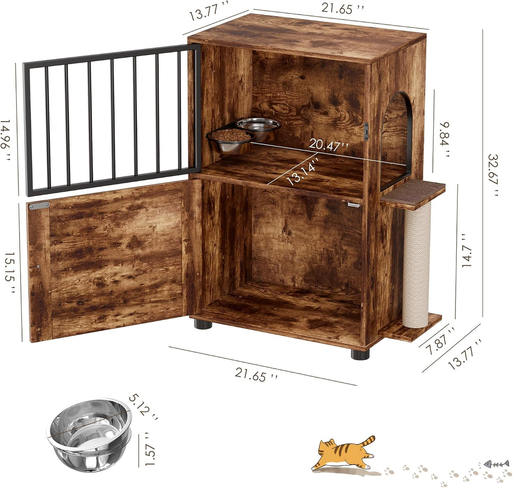 Cat Feeding Station, Dog Proof Cat Feeding Station with Scratching Post, Elevated Food Bowls with Stand, Cats Tree with Food Storage for Small Spaces, Pet House Furniture (Vintage)