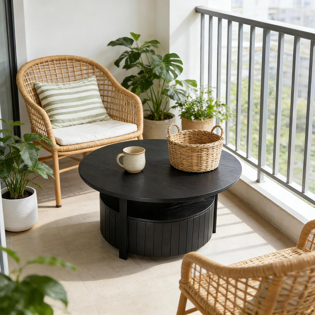 33' Round Coffee Table with Storage, Solid Wood 2 Tier Mid Century Modern Coffee Table with Drawer, Circle Fluted Center Table for Living Room Home Office Small Space, Black