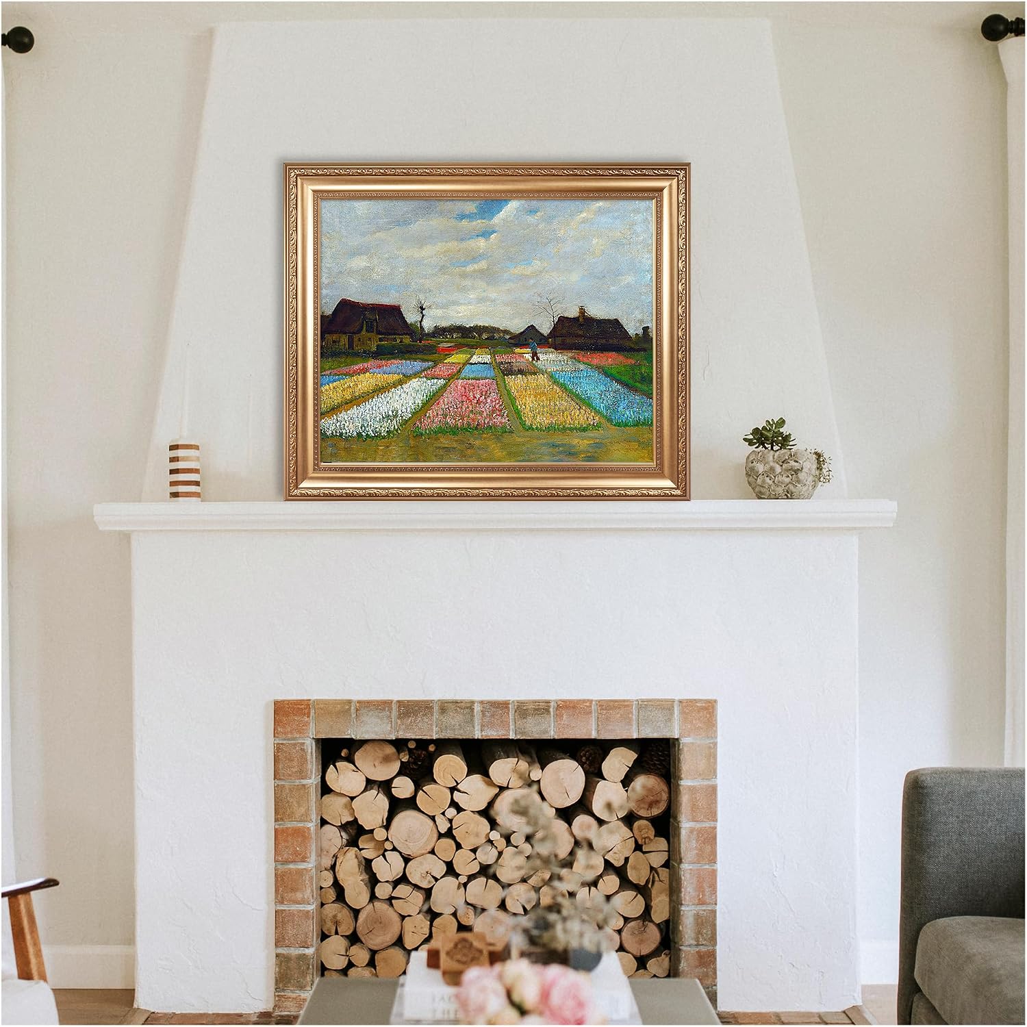 Bulb Fields by Vincent Van Gogh Framed Size:30x36 inches,Image Size:24x30 inches,Golden Frame The World Classic Art Reproductions,Wall Art for Home Decor