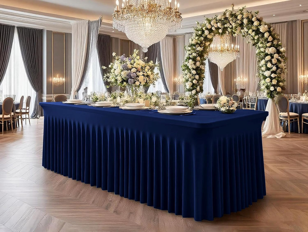 fani 6 Packs Navy Blue Stretch Table Skirts for 8 Foot Rectangle Table, Washable Spandex Stretch Tablecloths with Skirt, Wrinkle Resistant Fitted Tablecover for Wedding Party Banquet