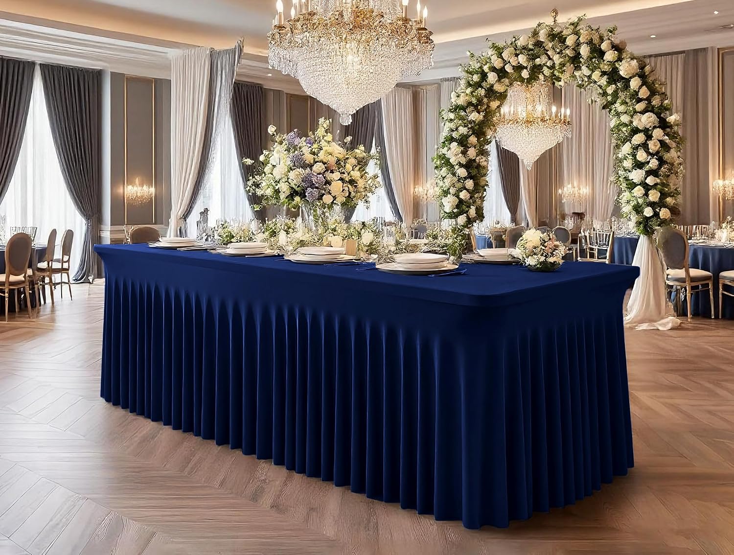 fani 6 Packs Navy Blue Stretch Table Skirts for 8 Foot Rectangle Table, Washable Spandex Stretch Tablecloths with Skirt, Wrinkle Resistant Fitted Tablecover for Wedding Party Banquet