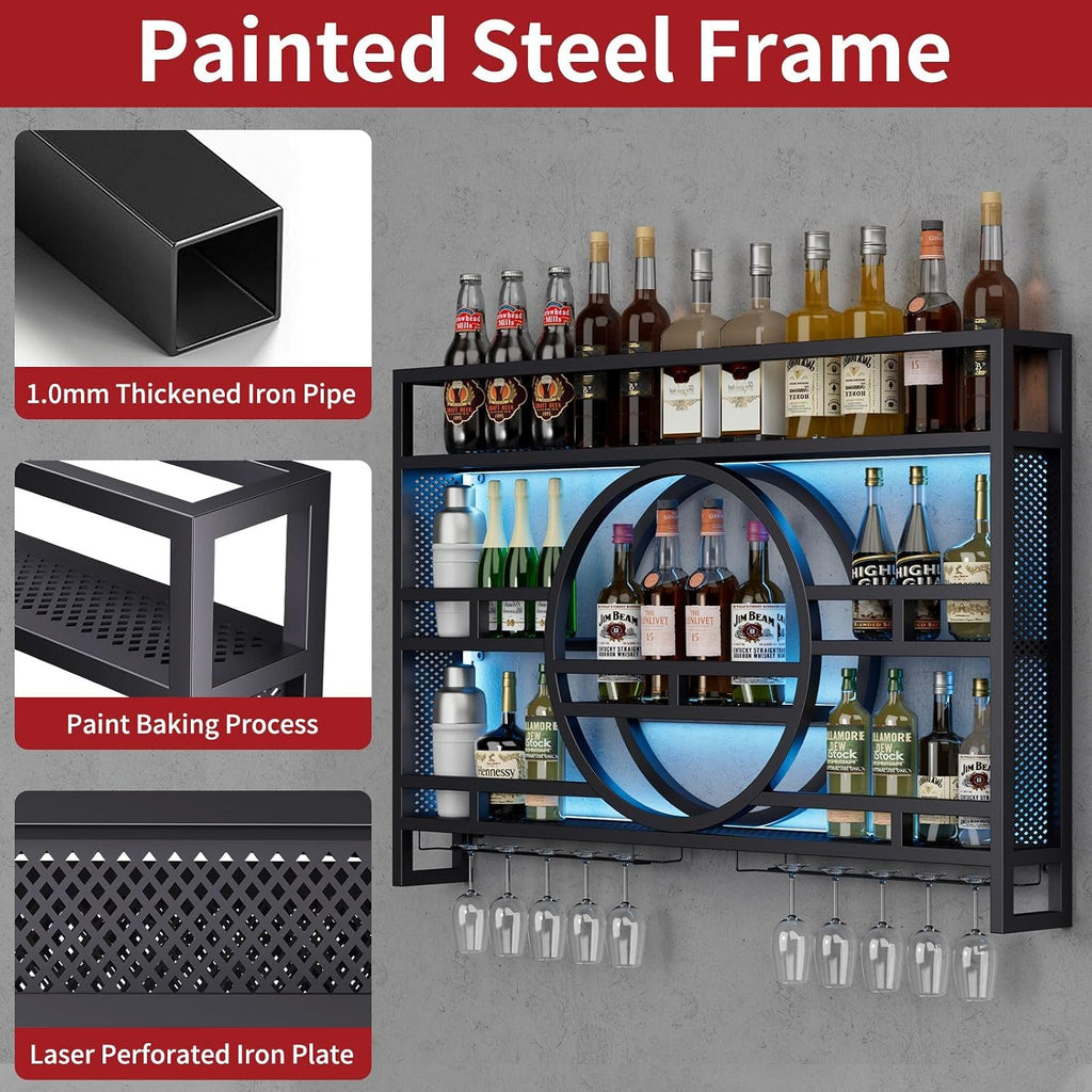 3-Tiers 39in Wine Rack Wall Mounted with Upgarded LED, Floating Bar Shelves with Wine Glass Holder Hanging Industrial Liquor Shelf, Wall-Mounted Wine Racks Cabinets for Home Bar, No Assembly Required