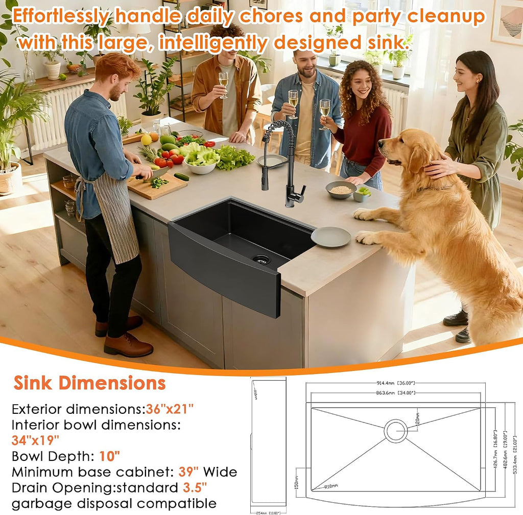 36Inch NANO PVD Black Farmhouse Kitchen Sink w/Pull-down Faucet 16 Gauge Stainless Steel Workstation Sink Scratch Resistant Surface w/Accessories (Gunmetal Single Bowl, 36 Inch w/Faucet)