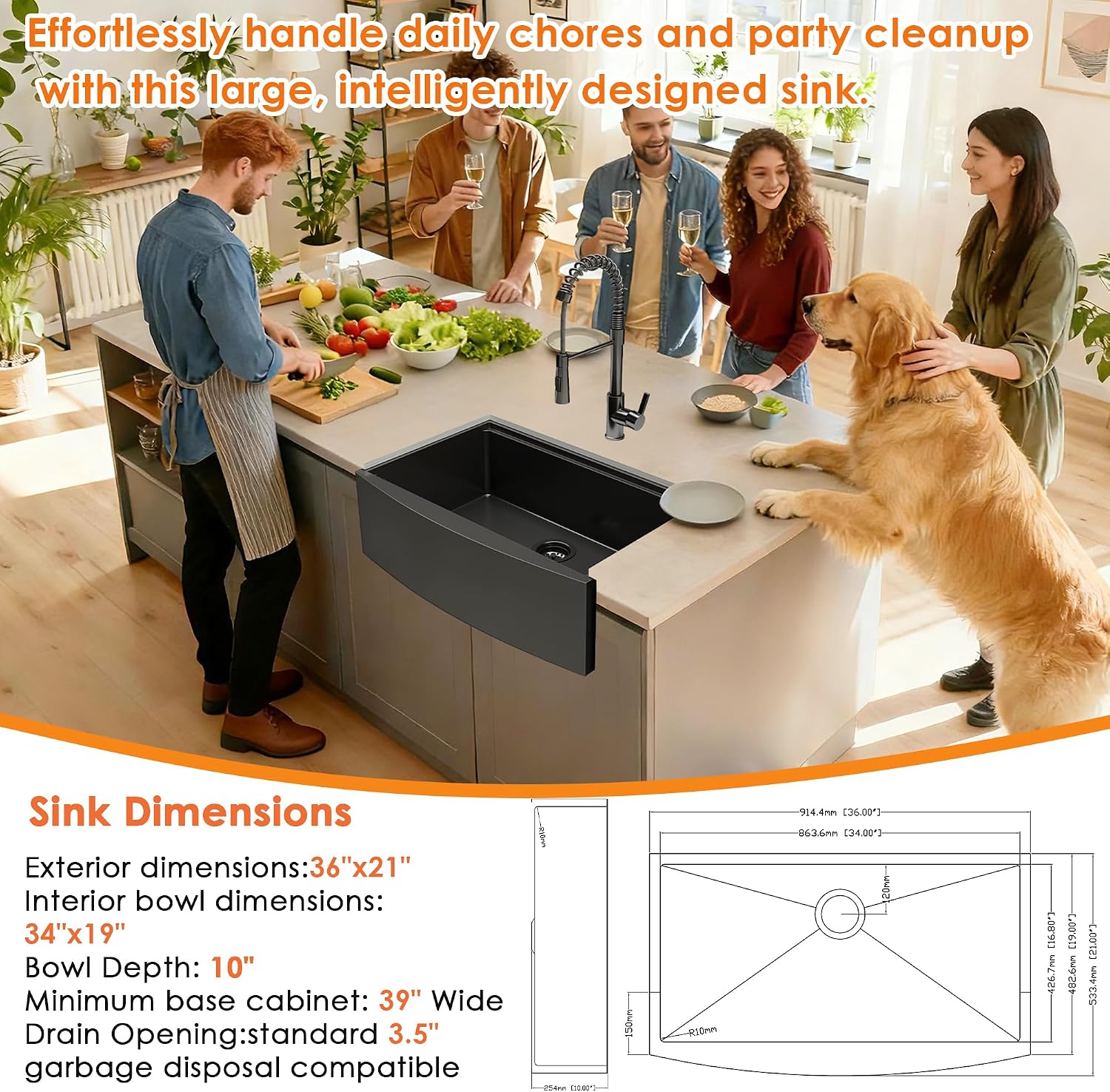 36Inch NANO PVD Black Farmhouse Kitchen Sink w/Pull-down Faucet 16 Gauge Stainless Steel Workstation Sink Scratch Resistant Surface w/Accessories (Gunmetal Single Bowl, 36 Inch w/Faucet)