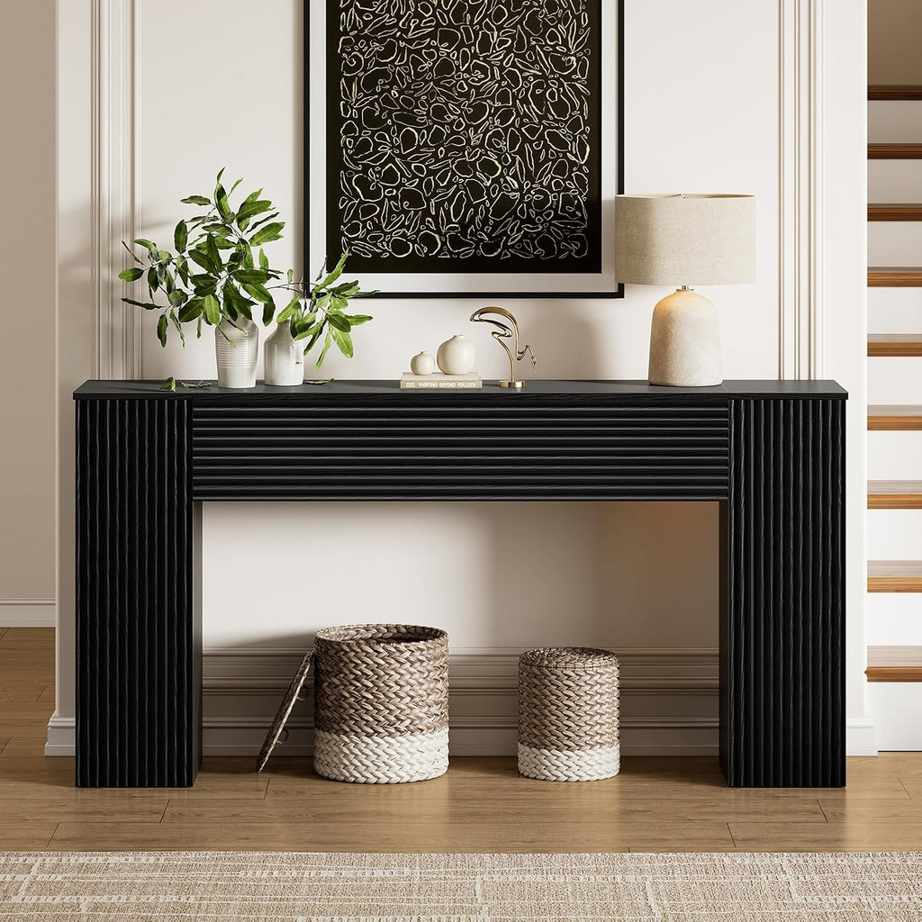 FABATO 61'' Fluted Long Console Table, Wooden Rectangular Sofa Table Behind The Couch, Narrow Entryway Table with 2 Hidden Storage Cabinets for Entrance, Hallway, Living Room, Foyer, Black