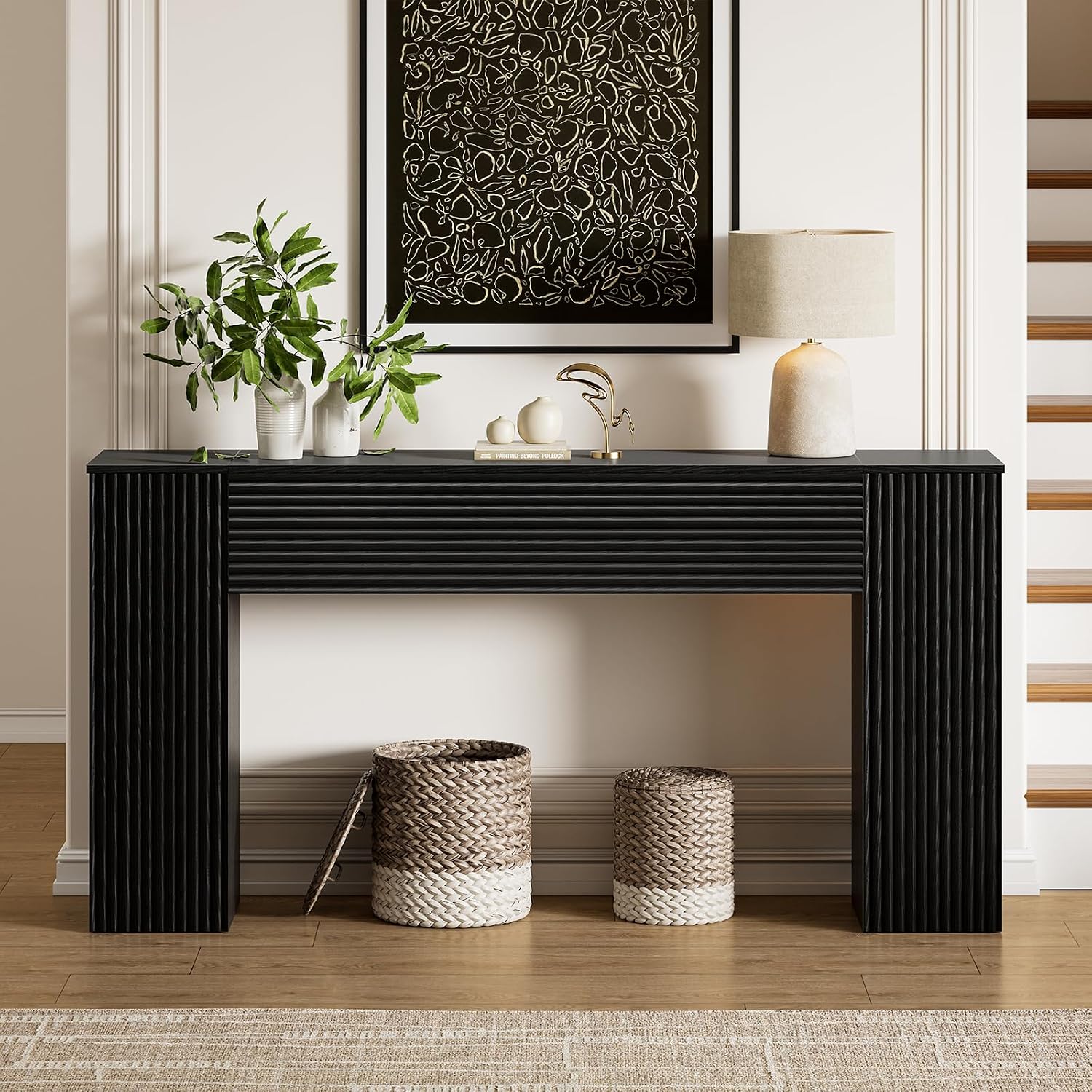 FABATO 61'' Fluted Long Console Table, Wooden Rectangular Sofa Table Behind The Couch, Narrow Entryway Table with 2 Hidden Storage Cabinets for Entrance, Hallway, Living Room, Foyer, Black