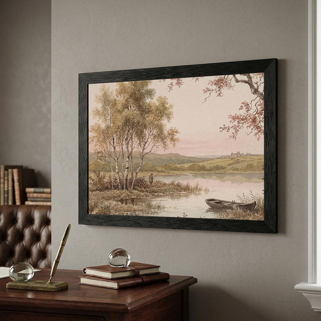 Framed Birch Tree Landscape Wall Art - 19th-Century Pastoral Watercolor Style - Black Frame Modern Home Decor - Serene Nature Print for Living Room and Office - Ready to Hang - 24x36 Inch