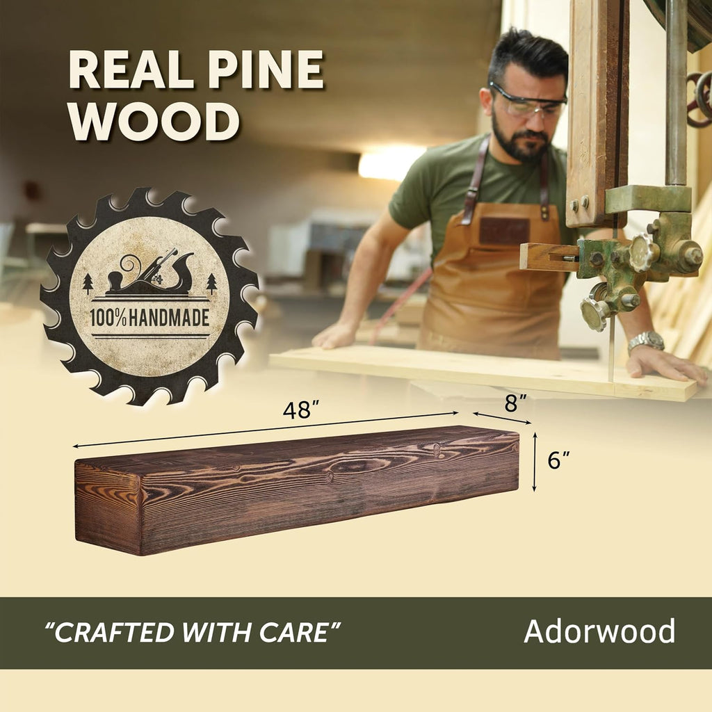 Handmade Fireplace Mantel Shelf 48', Extra Wide Rustic Wood Mantles for Over Fireplace, Wall Mounted Floating Mantel Shelves for Living Room Decor (Light Walnut, 48Lx6Hx8D)