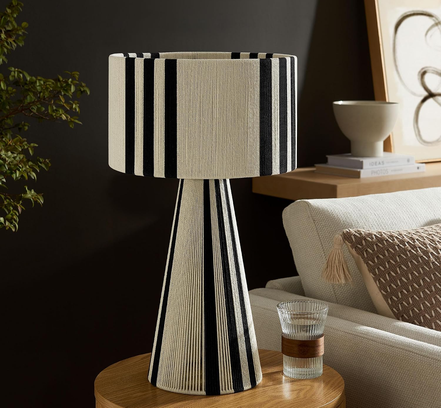 Modway Gia Vintage Modern Cotton Thread Table Lamp in Black - Unique Retro Boho Accent Lamp with Metal Base and Repeating Stripes Design