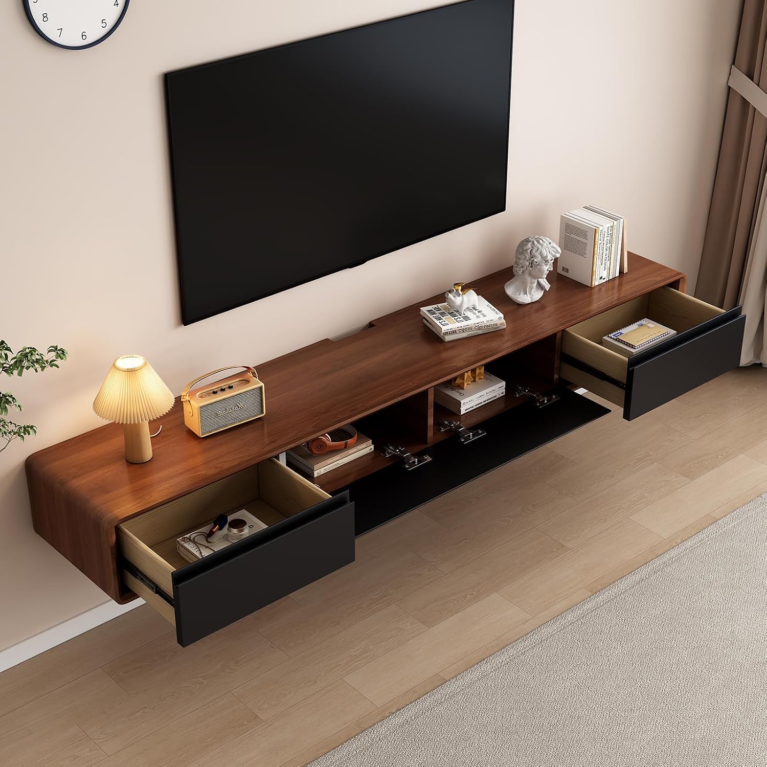 Floating TV Stand Large Floating TV Shelves Wall Mounted Multi Storage Compartment TV Media Console Floating TV Cabinet Bench Under TV Large Storage (Brown-Black, 63.0 * 7.9 * 9.4 in)