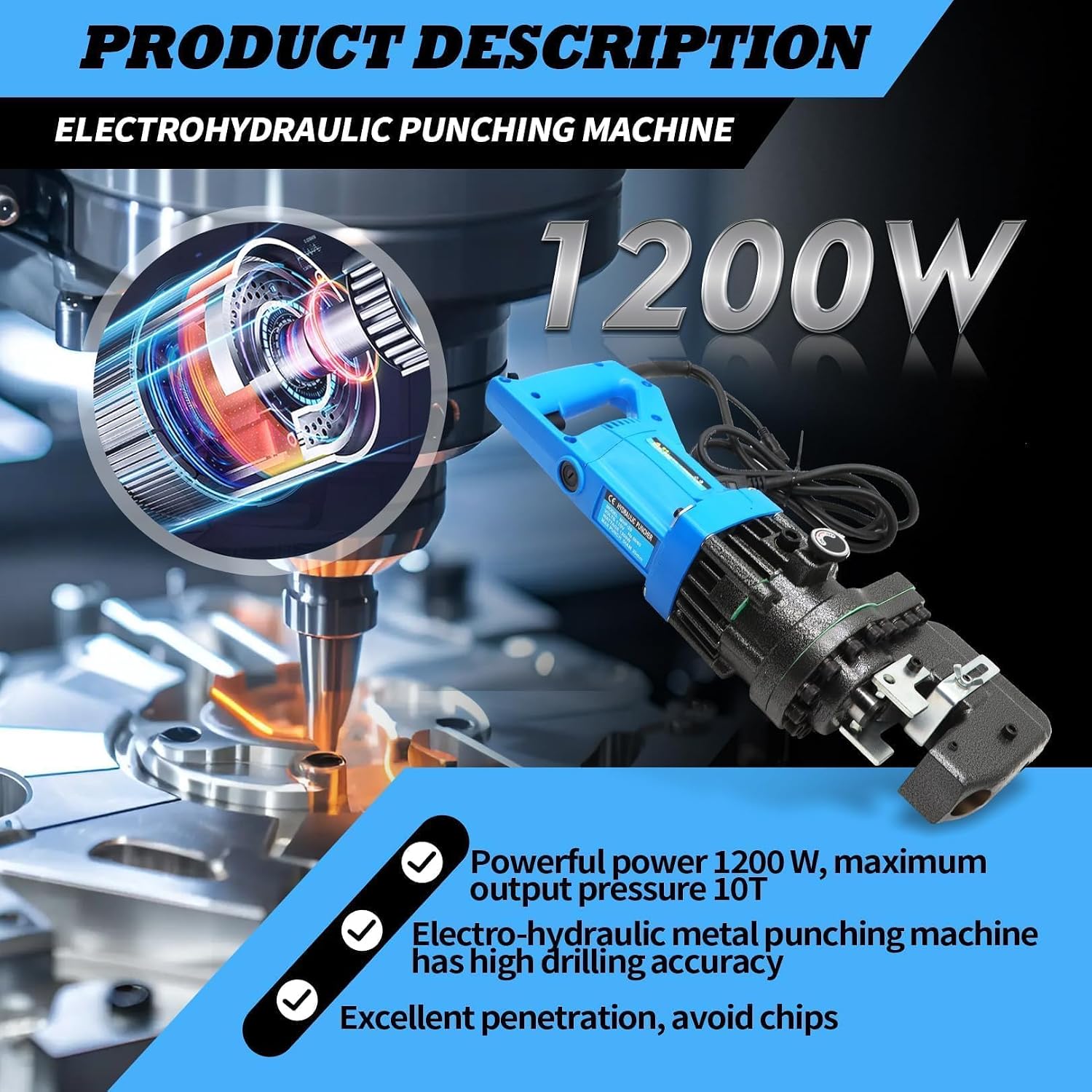 1200 W Electric Hydraulic Hole Punch Hydraulic Hole Punching Tool Metal Punch Compatible with Steel Copper Aluminum Iron Alloy (Base Version)