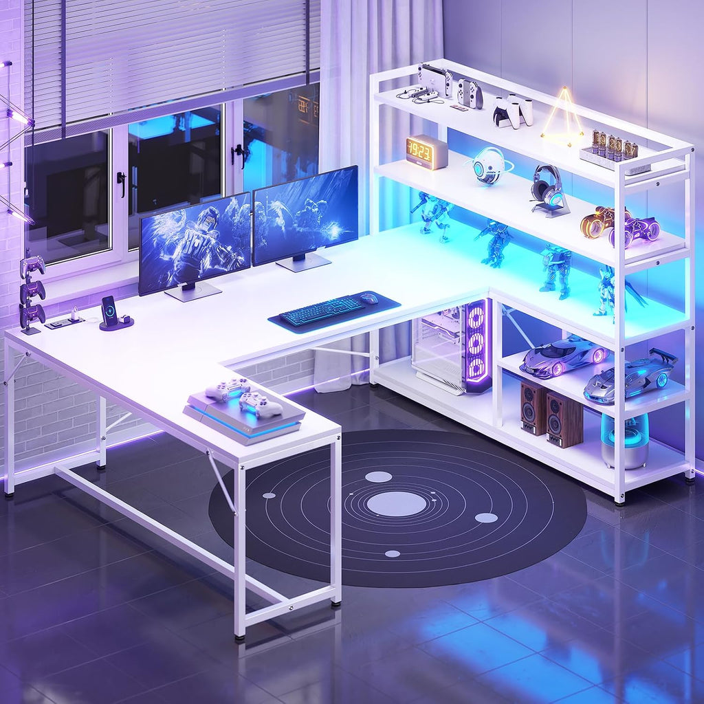 SEDETA L Shaped Computer Desk, 63' Reversible Office Desk or Corner Desk with Storage Shelves, White Gaming Desk with LED Lights, Power Outlet