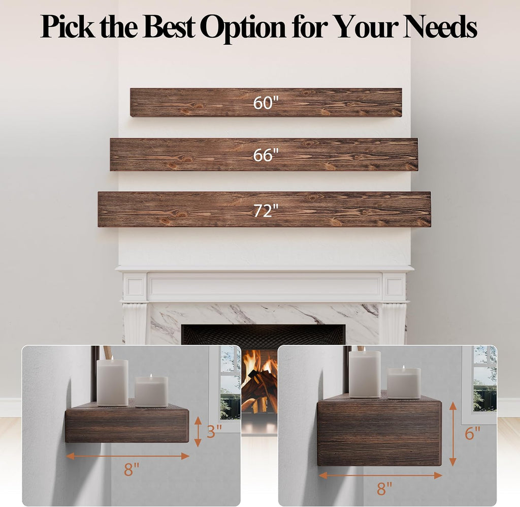 72 Inch Fireplace Mantel Shelf - 8' Deep Solid Wood Floating Mantel for Over Fireplace - 120LBS with Invisible Bracket - Handcrafted TV Decor for Livingroom & Bedroom - Charred Rustic Brown
