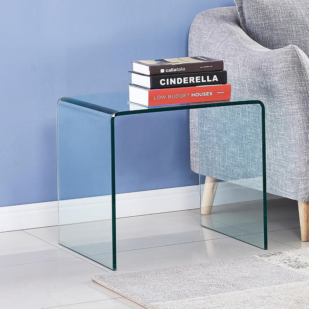 Clear Glass Nightstand, Tempered Glass End Tables, Modern Side Table for Living Room, Small Bent Table, Easy to Clean and Safe Rounded Edges 19.7'x19.7'x18.9'H
