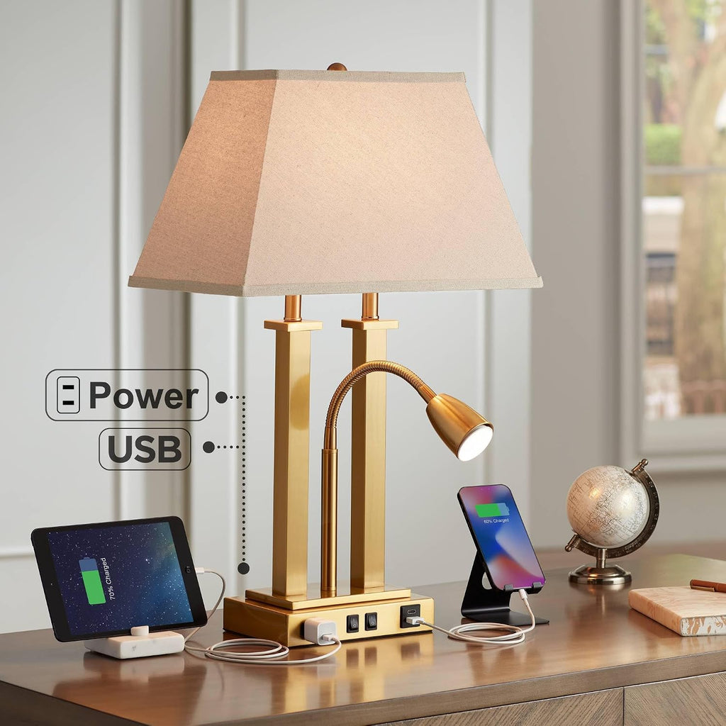 Possini Euro Design Deacon Modern Desk Table Lamp with USB and AC Power Outlet in Base LED Gooseneck 26' High Antique Brass Oatmeal Linen Drum Shade for Living Room Bedroom Bedside Nightstand