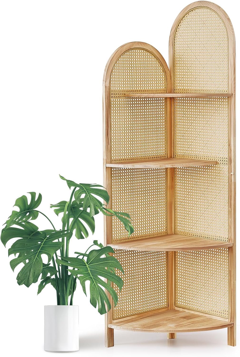 4-Tier Corner Shelf Stand 70' Rattan Corner Shelves Display Shelf Wall Corner Bookshelf with Solid Wood Frame Multi Unit Organizer Rack with Legs for Living Room Decor,Small Space, Natural
