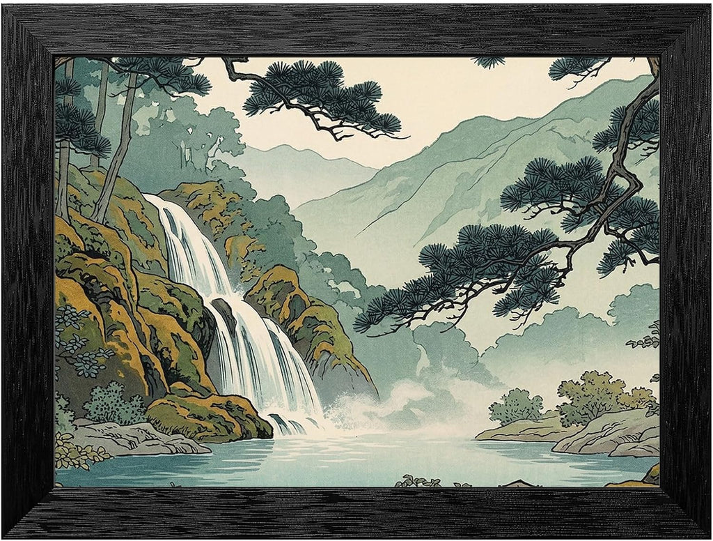 Framed Japanese Woodblock Style Waterfall Wall Art - Mist Forest Landscape in Premium Black Frame - Ready to Hang Nature Decor for Home and Office - 24x36 Inch
