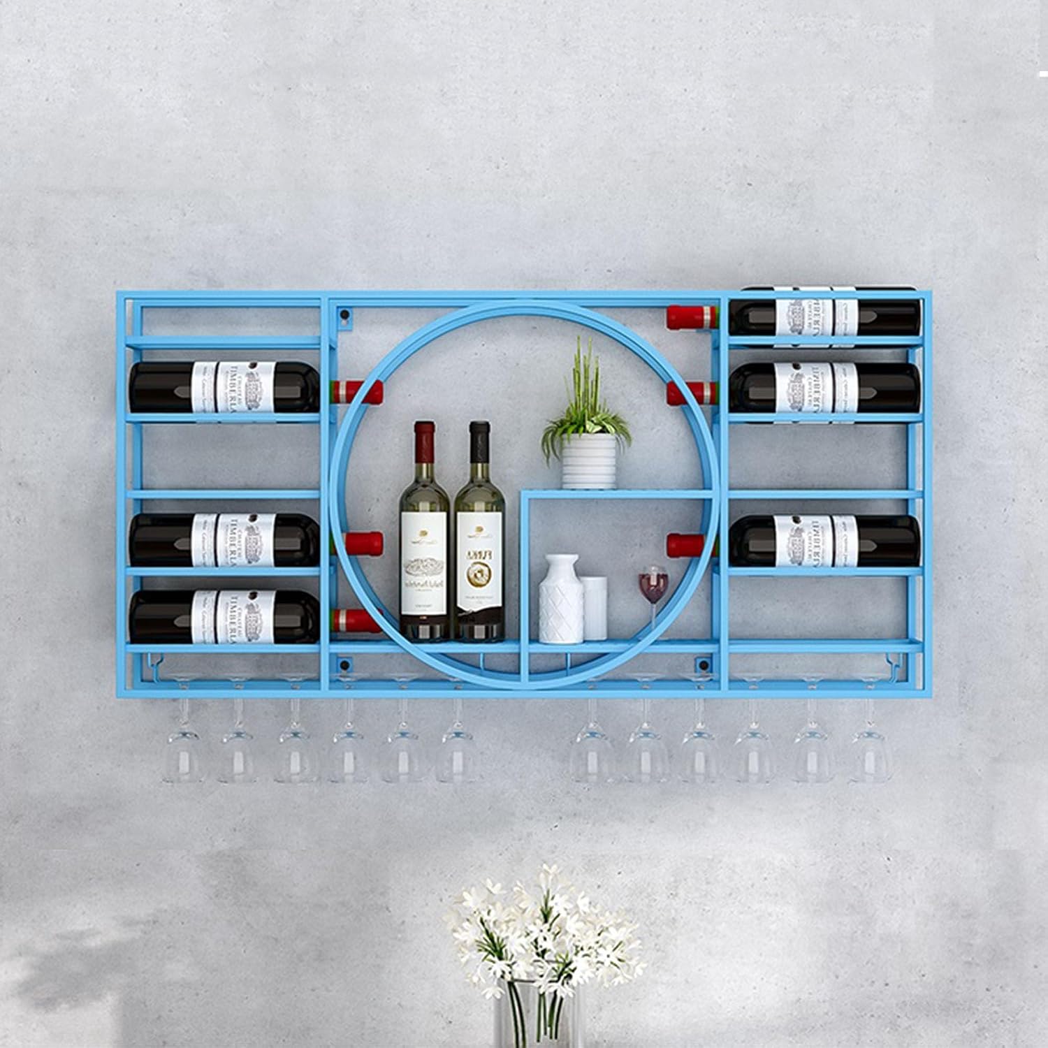 Blue Wall Mounted Wine Rack with Hanging Glass Storage and Mini Liquor Shelf Corner Coffee Bar Cabinet for Wine Bottles and Glasses 110 * 11 * 62cm