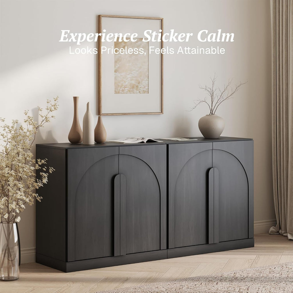 BELLEZE Set of 2 Modern Buffet Cabinets (63' Wide)-Large Sideboard Credenza with Arched Doors-Seamless Hidden Storage Console for Dining Room & Living Area-Ebony