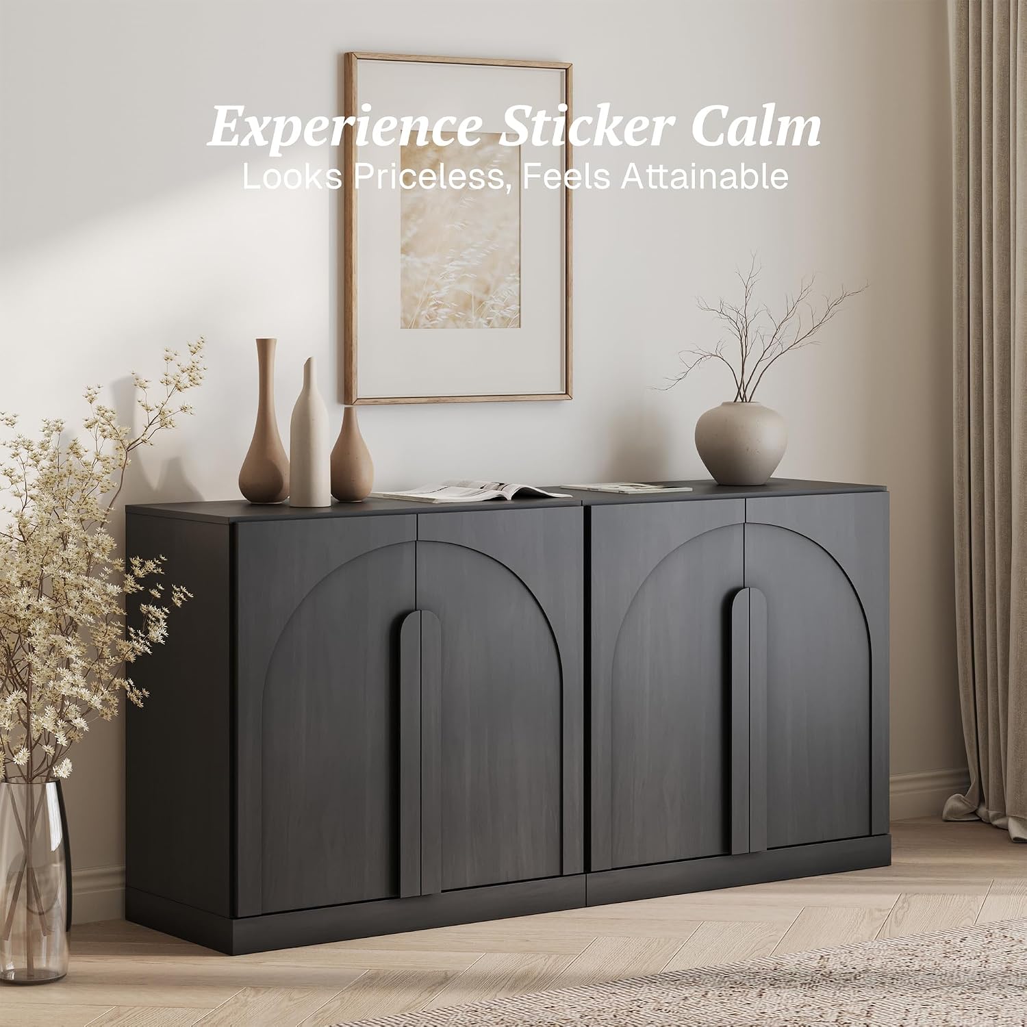 BELLEZE Set of 2 Modern Buffet Cabinets (63' Wide)-Large Sideboard Credenza with Arched Doors-Seamless Hidden Storage Console for Dining Room & Living Area-Ebony