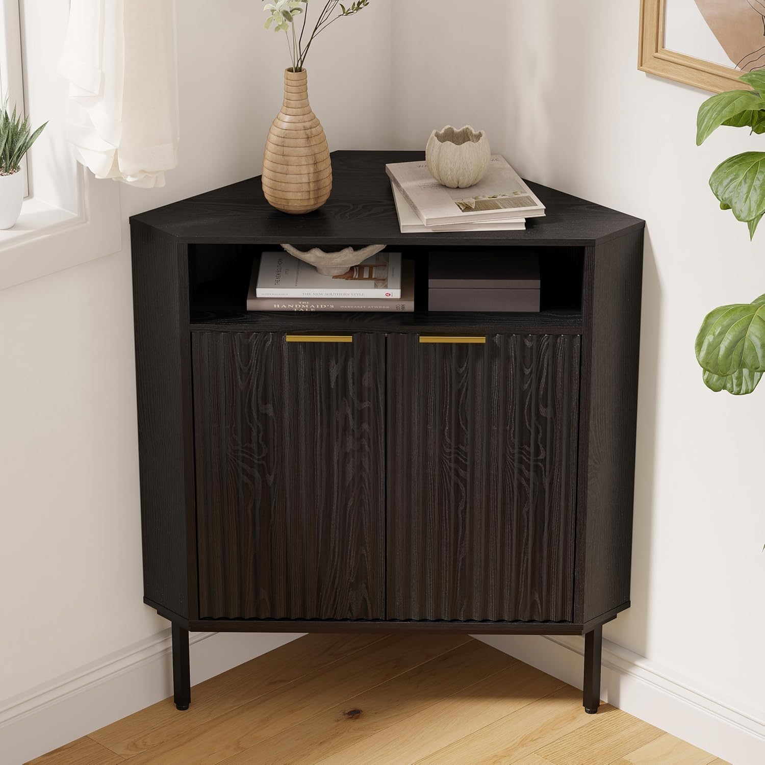 EYYTHUNG Black Corner Cabinet with Open Storage, Fluted Small Corner Floor Cabinet with 2 Doors & Adjustable Shelf, Wooden Freestanding Storage Organizer for Small Space,Living Room, Dining Room